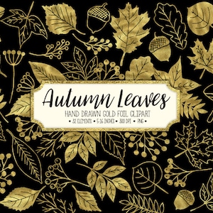 Herbst Blatt Clip Art. Gold Herbst Blatt Clipart. Metallic Herbstlaub, Eichel, Pilz Clipart. Handgezeichnet Gekritzel Herbstlaub