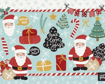 Hand Drawn Christmas Clipart. Cute Santa, Candy Cane, Gifts, Christmas Tree Illustrations. Holiday Wreath, Hand Lettering for Stickers.