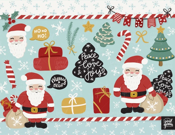 手描きのクリスマス クリップアート。かわいいサンタ、キャンディ