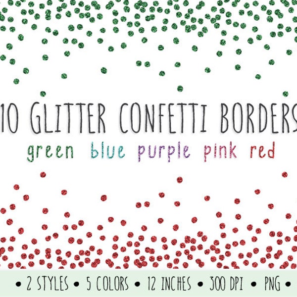 Glitter Confetti Borders Clip Art. Glitter Borders and Frames. Metallic Confetti Clipart. Green, Turquoise, Pink and Red Digital Glitter.