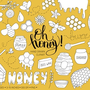 Bijen clipart. Hand getrokken honing, bijenkorf illustraties. Doodle Bee kleuren clipart. Honingraat, honingdruppel, imkerillustraties voor stickers