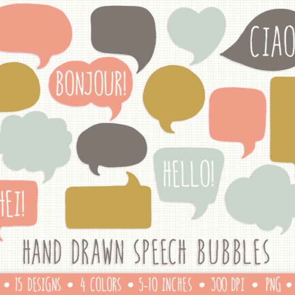 Speech Bubbles Clip Art. Hand Drawn Speech Bubbles. Thought Bubble Illustrations. Speech Bubble Clipart. Coral, Mint, Peach