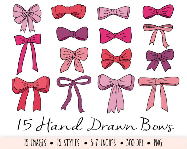Bows Clip Art. Hand Drawn Pink and Red Bows. Doodle Ribbon Clip Art. Hand Drawn Digital Bows in Purple, Red, Pink. Valentines Day Clipart. image 1