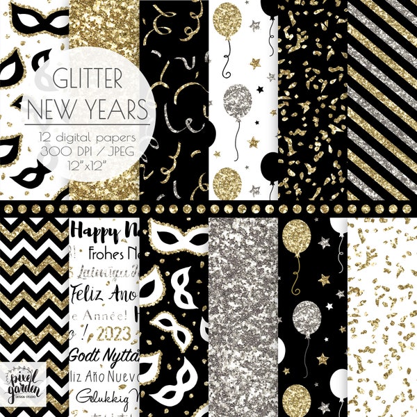 Silvester digitales Papier. Gold, Silber Glitter Neujahrsfeier. Glam, Sparkle, Konfetti. Schwarz & Gold 2022 Party Hintergrund.