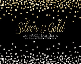 Glitter confetti grens clipart. Gouden en zilveren confettiframes. Metallic Kerstmis, Nieuwjaar Confetti Glitter. Goud, zilver confetti-overlay