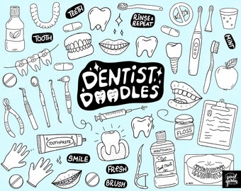 Black and White Hand Drawn Dentist Clip Art. Doodle Teeth, Smile Dental Planner Stickers. Stomatology, Tooth, Medical Clipart. Illustrations