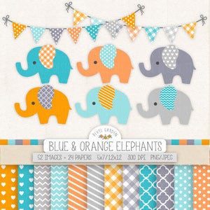 Clipart di elefante blu e arancione. ClipArt per baby shower, carta digitale, banner. Cuore, motivi a strisce. Elefantino arancione e grigio per la cameretta dei bambini.