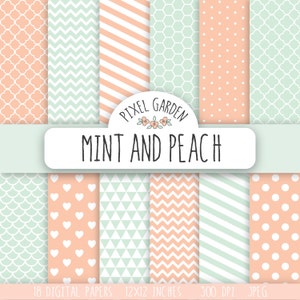 Paquet de papier numérique menthe et pêche. Papier de scrapbooking pastel. Clipart numérique menthe à pois, chevron, quadrilobe et motif nid d'abeille.