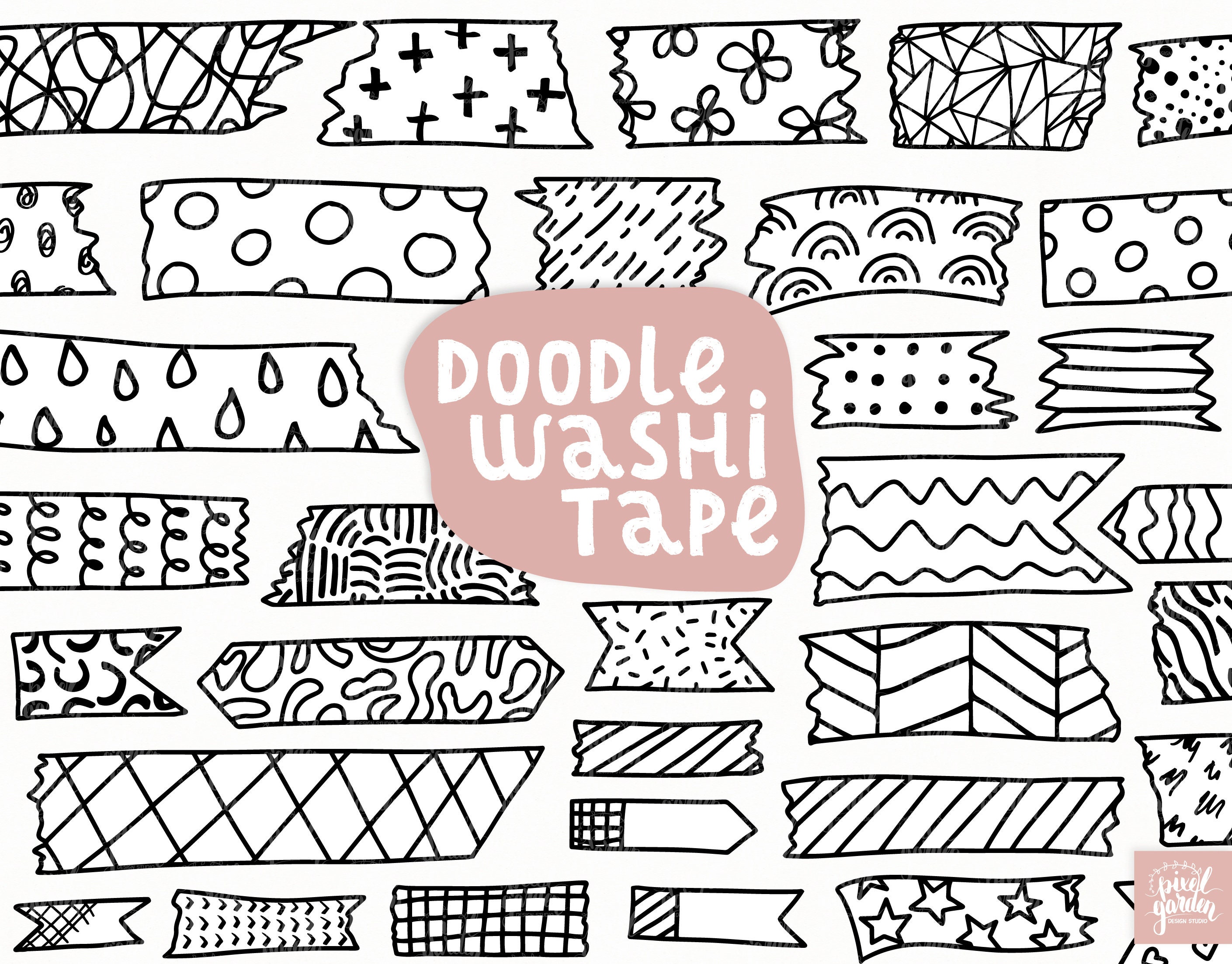Washi Tape Clipart. Hand Drawn Washi Clip Art. Doodle Scotch Tape School Supply Scrapbooking Illustrations. Scandinavian Digital Washi Tape