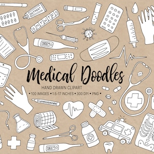 Hand Drawn Medical Clipart. Doodle Doctor, Medicine, Health Clip Art. Black & White Healthcare, Nurse, Hospital, Pandemic Illustrations.