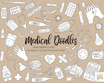 Hand Drawn Medical Clipart. Doodle Doctor, Medicine, Health Clip Art. Black & White Healthcare, Nurse, Hospital, Pandemic Illustrations.