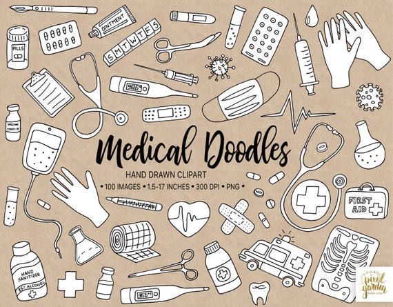 Hand Drawn Medical Clipart. Doodle Doctor, Medicine, Health Clip Art. Black & White Healthcare, Nurse, Hospital, Pandemic Illustrations.