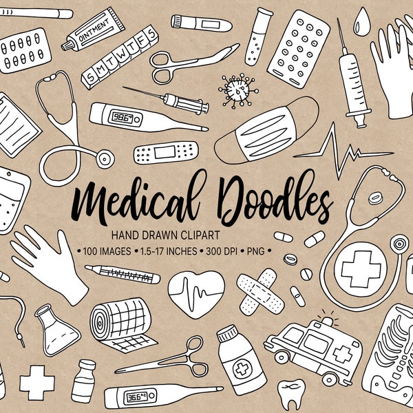 Hand Drawn Medical Clipart. Doodle Doctor, Medicine, Health Clip Art. Black & White Healthcare, Nurse, Hospital, Pandemic Illustrations.