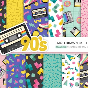 Motivi senza soluzione di continuità anni '80 e '90. Carta digitale disegnata a mano anni '80 e '90. Pattini a rotelle retrò, musicassette, sfondi Tetris.