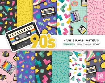 80s 90s Seamless Patterns. Hand Drawn Eighties, Nineties Nostalgia Digital Paper. Retro Roller Skates, Cassette Tape, Tetris Backgrounds.