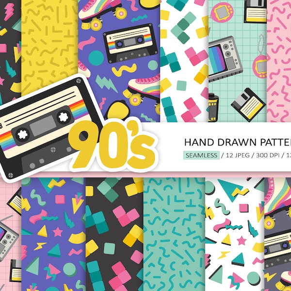 80s 90s Seamless Patterns. Hand Drawn Eighties, Nineties Nostalgia Digital Paper. Retro Roller Skates, Cassette Tape, Tetris Backgrounds.