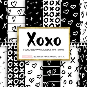 Liefde digitaal papier. Minimalistische Valentijnsdag achtergrond. Handgetekende monochroom liefde, hart, Xoxo naadloze patronen. Zwarte, witte krabbels.