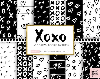 Love Digital Paper. Minimalist Valentines Day Background. Hand Drawn Monochrome Love, Heart, Xoxo Seamless Patterns. Black, White Doodles.