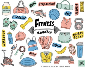 Hand Drawn Fitness Clip Art. Doodle Gym Equipment, Sports Illustrations for Planner Stickers. Dumbell, Healthy Lifestyle, Exercise Clipart.