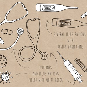 K&ouml;nnte beinhalten: Schwarzwei&szlig;e Strichzeichnungen von medizinischen Utensilien, darunter ein Stethoskop, ein Thermometer, eine Spritze und Pillen. Der Text "SEVERAL ILLUSTRATIONS WITH DESIGN VARIATIONS" und "OUTLINES AND ILLUSTRATIONS FILLED WITH WHITE COLOR" ist ebenfalls im Bild enthalten.