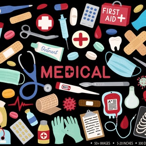 May include: A set of 50+ medical themed illustrations, including a first aid kit, bandages, thermometers, pills, a stethoscope, a blood bag, a face mask, and a pair of gloves. The illustrations are in a cartoon style and are perfect for use in digital or printed projects.