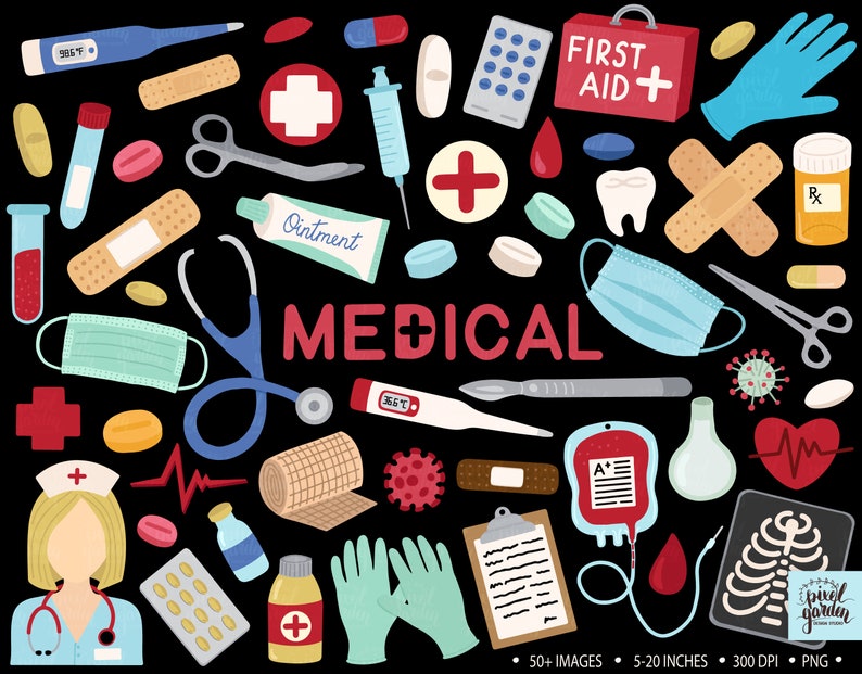 May include: A set of 50+ medical themed illustrations, including a first aid kit, bandages, thermometers, pills, a stethoscope, a blood bag, a face mask, and a pair of gloves. The illustrations are in a cartoon style and are perfect for use in digital or printed projects.