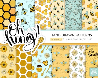 Papel digital con diseño de abejas. Papel para álbumes de recortes con motivos florales y panales. Patrones digitales de verano con abejorros. Fondo de flores sin costuras con motivos de apicultores.
