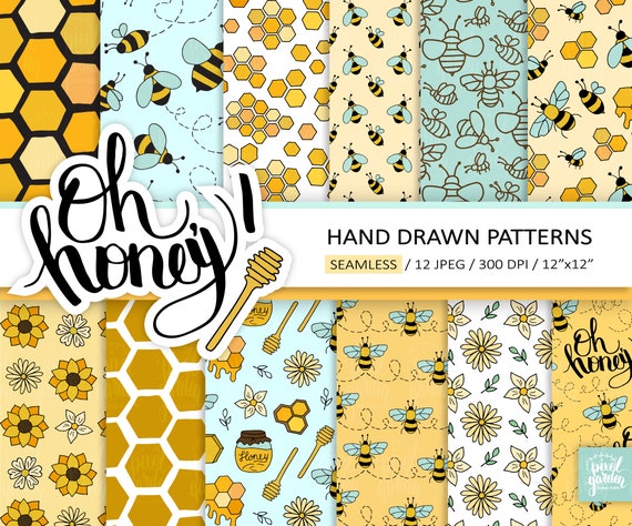 Bee Digital Paper, Honey Bee Digital Paper Set, Honeycomb Pattern Paper,  Summer Digital Paper, Gold Honeycomb Paper, Commercial Use 