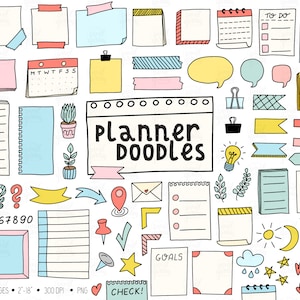 Clip Art de Bullet Journal desenhado à mão. Ilustrações de Professor Panner. Adesivos para Agenda Digital. Rabiscos, Fita Washi, Clipe Post-it.