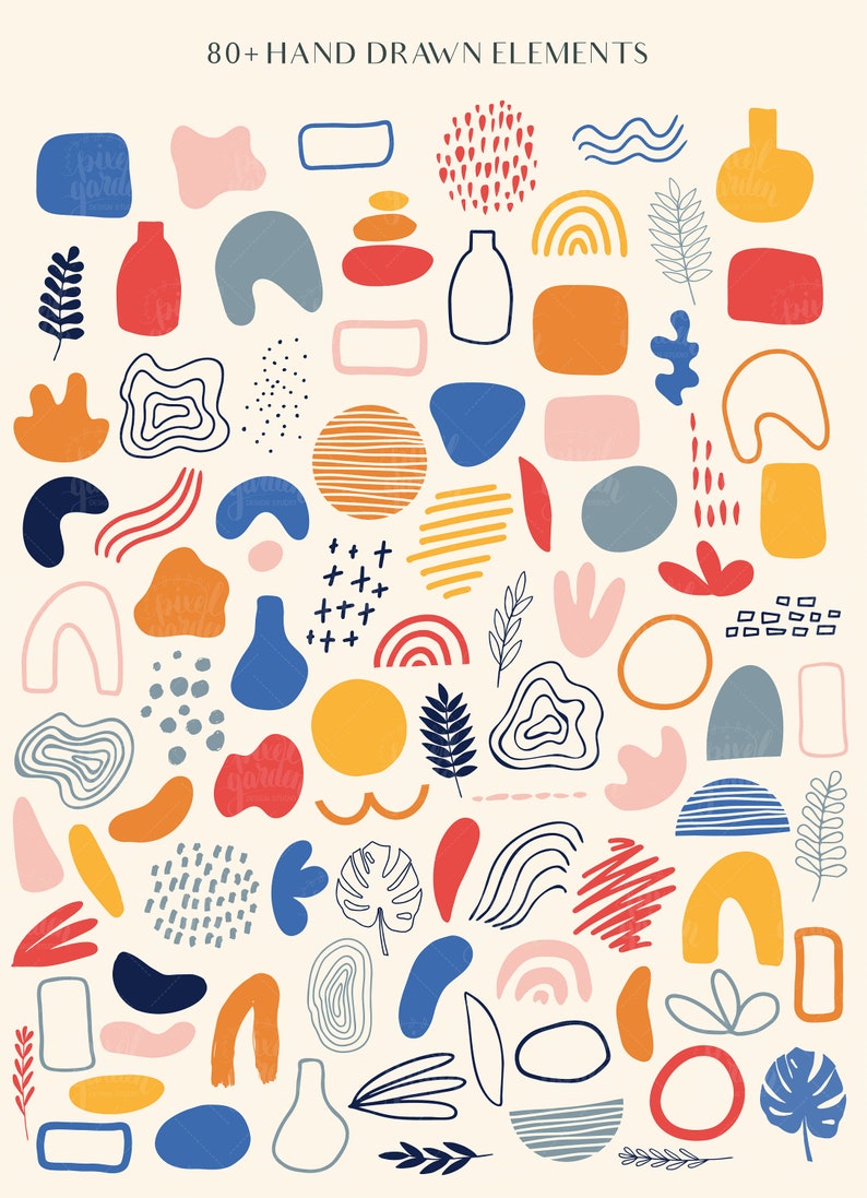 May include: A collection of 80+ hand-drawn abstract shapes and elements in various colors, including red, orange, yellow, green, blue, and pink. The shapes include circles, squares, rectangles, lines, and swirls. The elements include leaves, flowers, and other organic shapes.