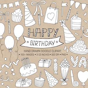 Clipart anniversaire. Clipart anniversaire dessinés à la main. Clipart célébration. Gâteau, bannière, illustrations de ballons. Fleur, confettis Doodle Clipart.