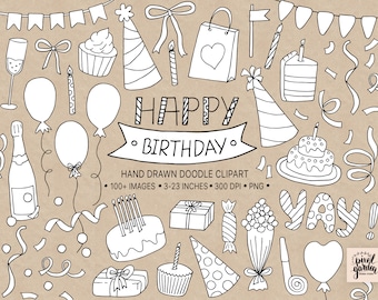 Birthday Clipart. Hand Drawn Birthday Clip Art. Celebration Clipart. Cake, Banner, Balloon Illustrations. Flower, Confetti Doodle Clipart.