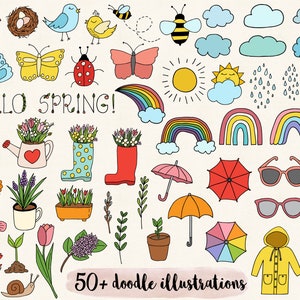 May include: A set of 50+ colourful doodle illustrations featuring spring-themed elements such as rainbows, flowers, butterflies, bees, rain clouds, and a snail. The text "Hello Spring!" is included in the image.