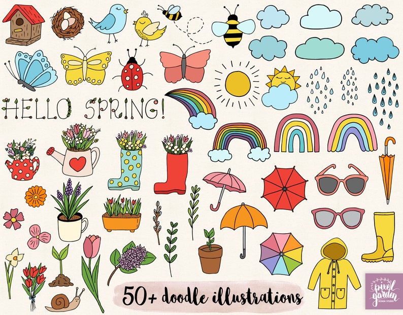 May include: A set of 50+ colourful doodle illustrations featuring spring-themed elements such as rainbows, flowers, butterflies, bees, rain clouds, and a snail. The text "Hello Spring!" is included in the image.