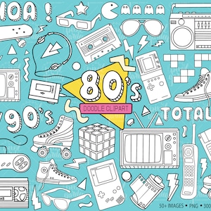 80er-Jahre-Doodle-Clipart. Handgezeichnete Achtziger- und Neunziger-Nostalgie-ClipArt. 80er, 90er Jahre Rollschuh, Boombox, Spielekonsole, VHS-Kassettenillustration