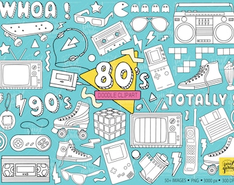 80s Doodle Clipart. Hand Drawn Eighties, Nineties Nostalgia Clip Art. 80s, 90s Roller Skate, Boombox, Game Console, VHS Casette Illustration