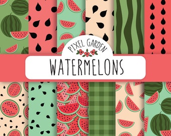 Watermelon Digital Paper. Gingham, Polka Dot Scrapbooking Paper. Summer Fruits Patterns. Watermelon Digital Background in Pink, Mint, Green.