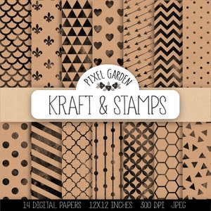 Papier cyfrowy Kraft. Papier do scrapbookingu ze stemplem w kształcie serc, szewronu, pasków, plastra miodu, kropek. Kraft, tekstura tektury do druku.