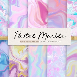 Marble Texture Digital Paper. Pastel Marbled Background. Hand Painted Abstract Swirl Patterns. Pink, Mint, Purple Marble Scrapbooking Paper