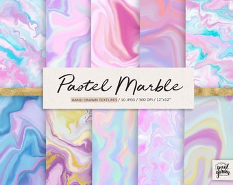 Marble Texture Digital Paper. Pastel Marbled Background. Hand Painted Abstract Swirl Patterns. Pink, Mint, Purple Marble Scrapbooking Paper