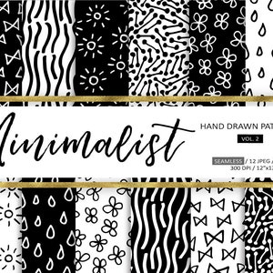 May include: A set of 12 black and white seamless patterns with minimalist geometric designs. The patterns include dots, waves, flowers, bows, and raindrops. The patterns are labeled "Minimalist Hand Drawn Patterns Vol. 2" and are 12 inches by 12 inches.