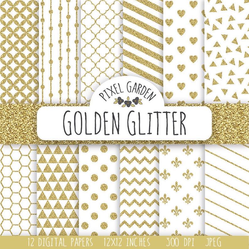 Gold Glitter Digital Paper. White and Gold Glitter Scrapbooking Paper Pack. Polka Dot, Honeycomb, Quatrefoil & Geometric. image 1