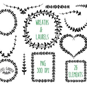 May include: A set of 26 black and white wreath and laurel designs. The designs are made of leaves and branches. The text "Wreaths & Laurels" is written in green text. The text "PNG 300 DPI" is written in black text. The text "26 Elements" is written in green text.