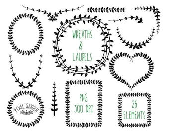 Digitale lauwerkransen illustraties. Zwarte kransen Set. Wijnstokframes en -randen. Lauwerkransen voor bruiloften, scrapbooking. Bladframes clipart.