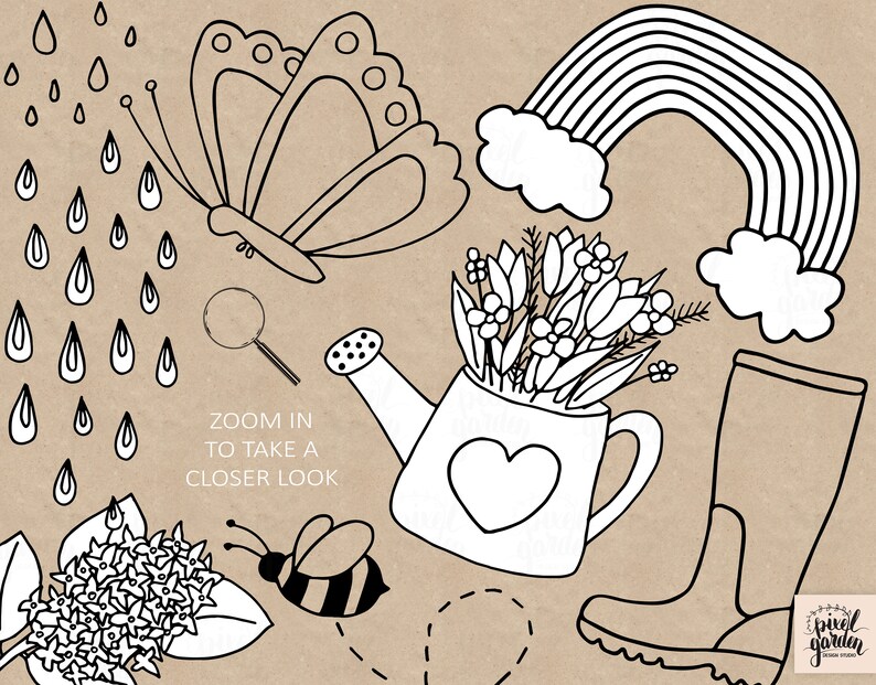 Puede incluir: Ilustraci&oacute;n en blanco y negro de l&iacute;nea de arte de una escena de jard&iacute;n con una mariposa, una regadera, un arco&iacute;ris, una abeja, una flor, una lupa, gotas de lluvia y un par de botas de lluvia. El texto "Zoom in to take a closer look" est&aacute; incluido en la imagen.