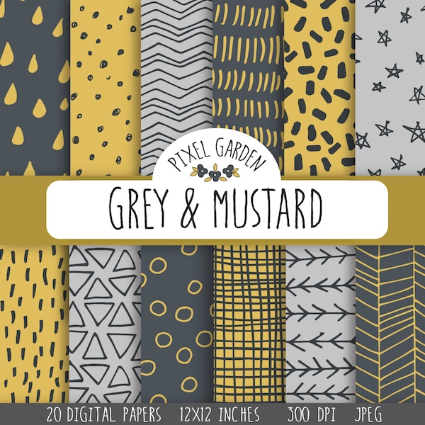 Hand Drawn Digital Papers.  Mustard and Grey Doodle Scrapbooking Papers. Charcoal Geometric Doodle Pattern. Hand Drawn Fall Digital Paper.