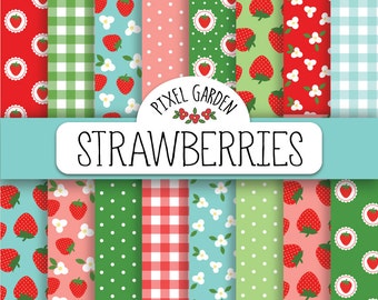 Strawberry Digital Paper. Cottage Chic Scrapbook Paper. Shabby Strawberry Pattern. Floral, Blossom, Summer Digital Paper in Mint, Pink, Blue