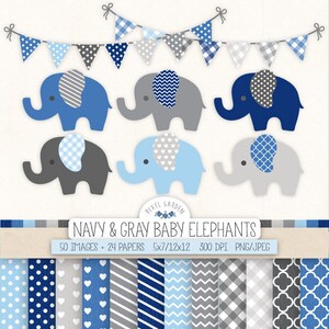 Navy, Gray Elephant Clip Art. Boy Baby Shower Digital Paper, Banner in Navy, Blue, Grey. Polka Dot, Stripe Nursery Decor. Cute Baby Elephant