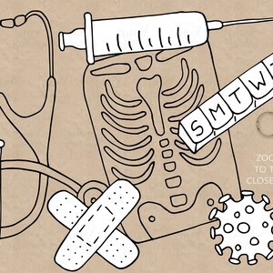 K&ouml;nnte beinhalten: Eine Schwarzwei&szlig;illustration von medizinischen Utensilien, darunter ein Stethoskop, eine Spritze, ein R&ouml;ntgenbild, ein Reagenzglas, ein Pflaster, eine Lupe und ein Kalender mit den Wochentagen beschriftet "SMTWTFS".