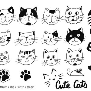 Cute Cats Clip Art. Han Drawn Doodle Cat Illustrations. Black and White Cat Faces. Pets, Cat Paws, Kittens Clipart for Planner Stickers.